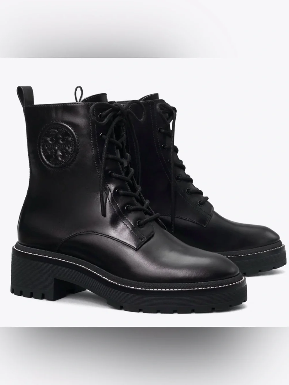 Tory Burch Lug Sole Ankle Boots Perfect Black Leather Lace Up Combat Size 7M New